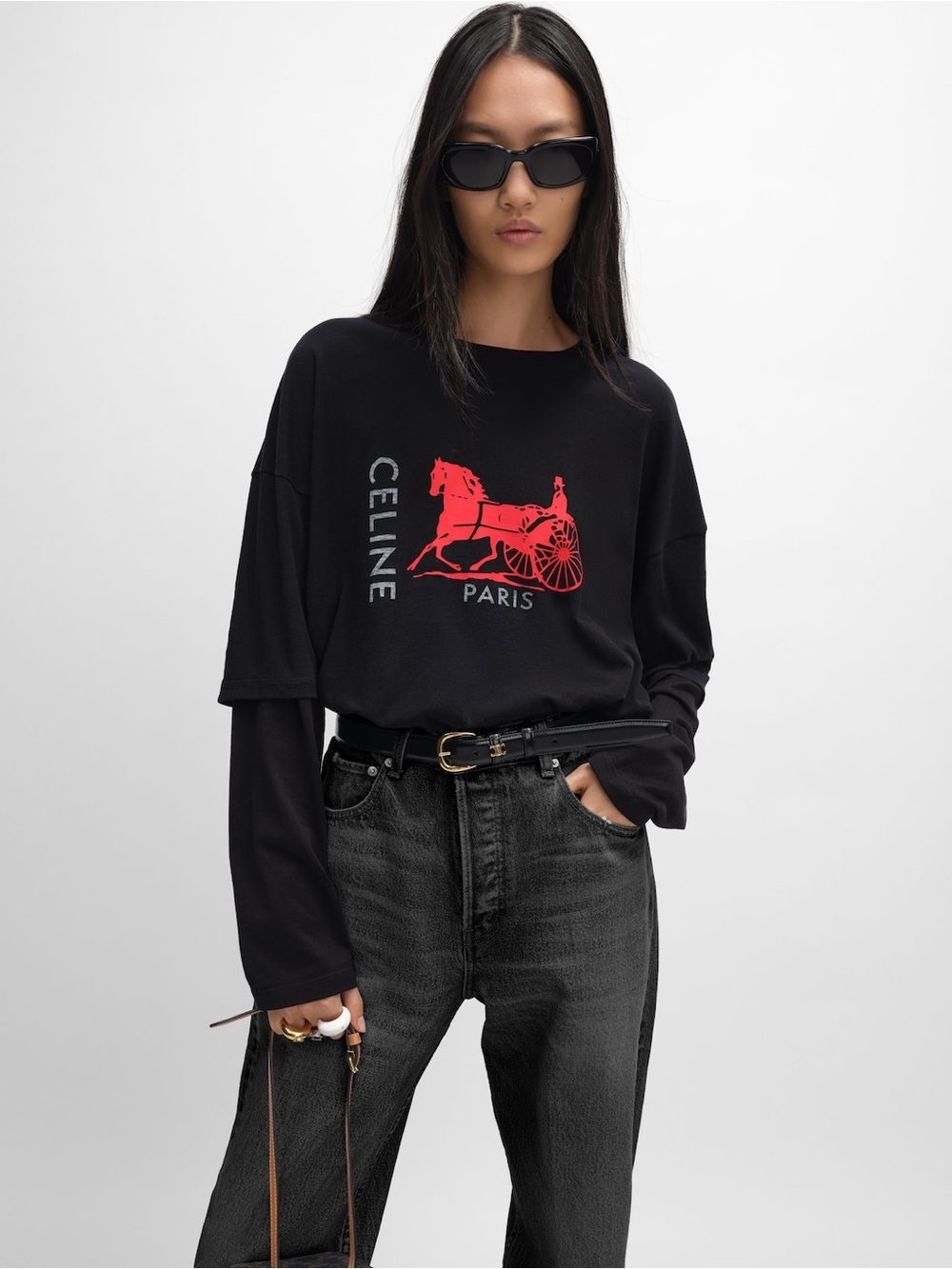 Celine doble layer Black Tee with Red Carriage Graphic